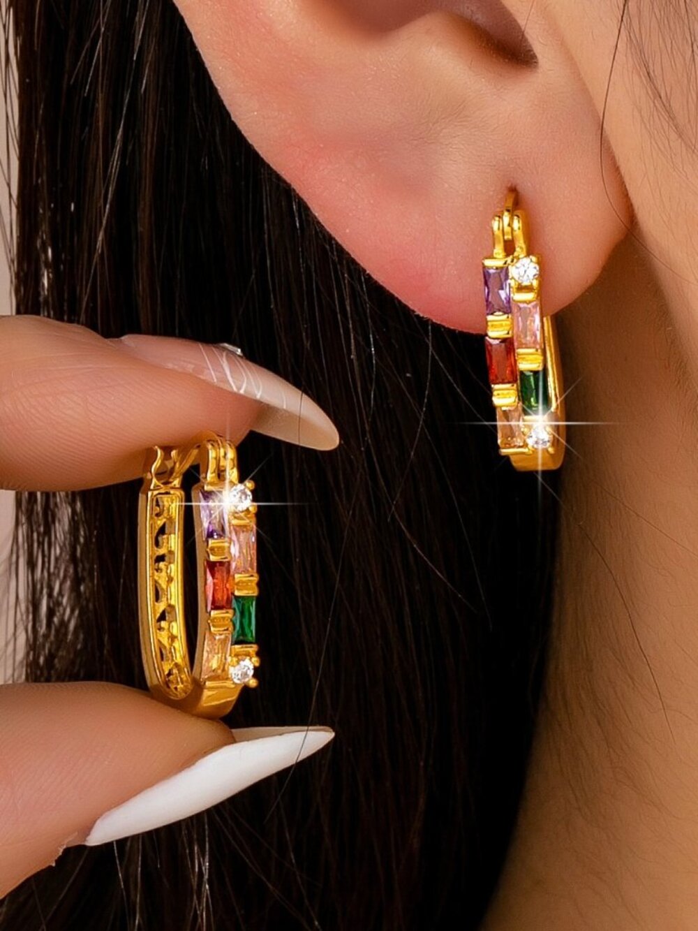 KIRSTEN RAINBOW RHINESTONE OVAL HOOP EARRINGS - Picture 2 of 2